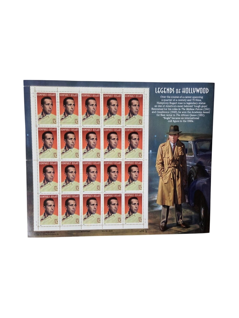 USPS Legends of Hollywood Humphrey Bogart 32c Stamp Sheet MNH $5.12 FV (2-Pack)